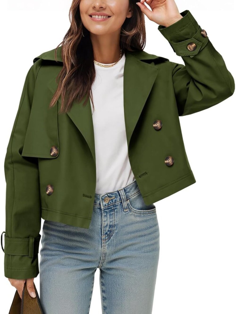 Women's Green Cropped Double Breasted Oversized Lapel Collar Short Trench Coat